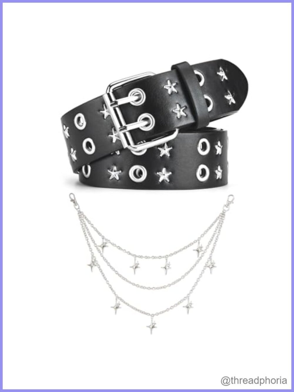 Double Grommet Studded Star Belt Y2K EMO Goth Leather Metal Chain 2-Piece Set